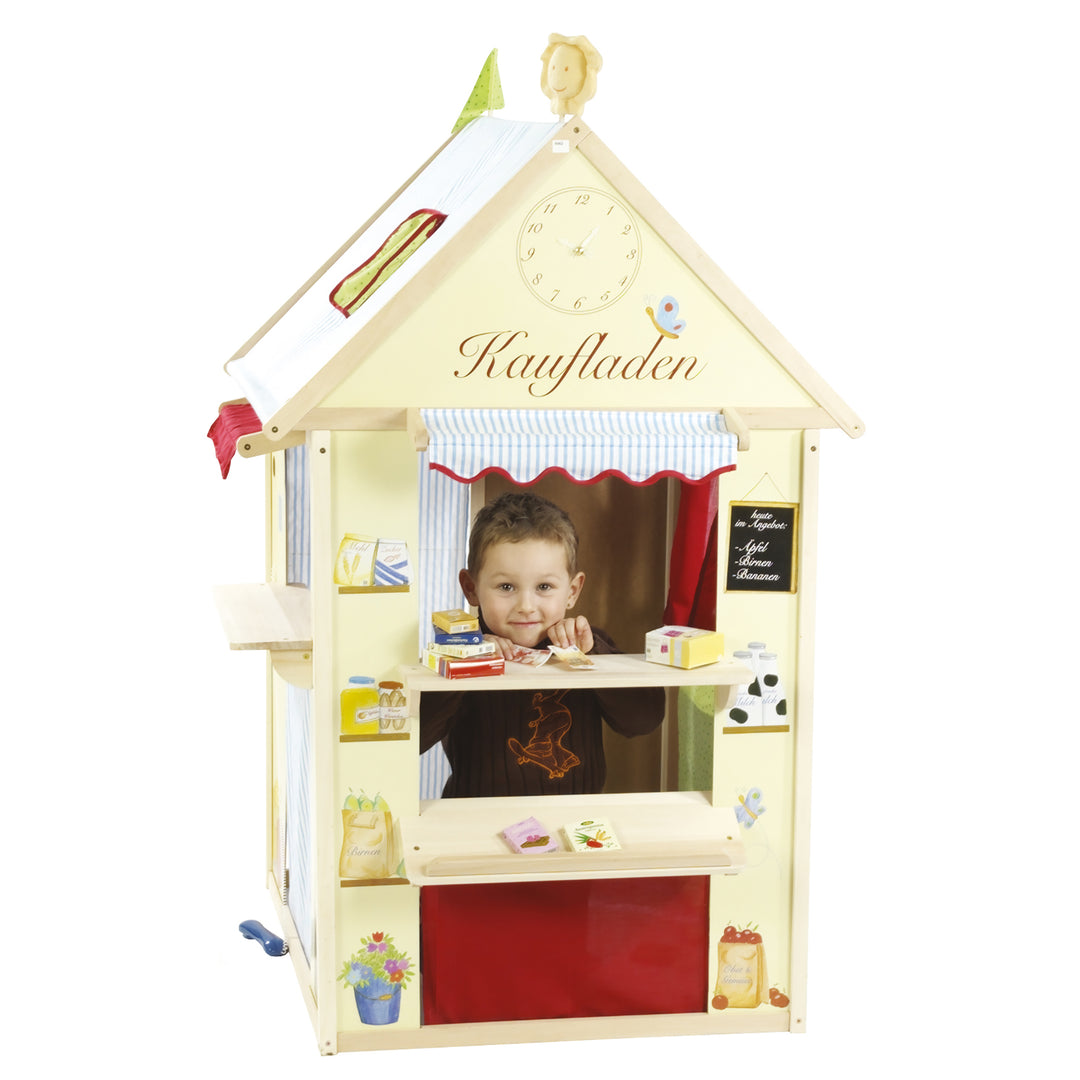 Spielhaus-Kombination, enthält Kaufladen, Kasperletheater, Tafel, Schalter für Post/Bank/Kiosk