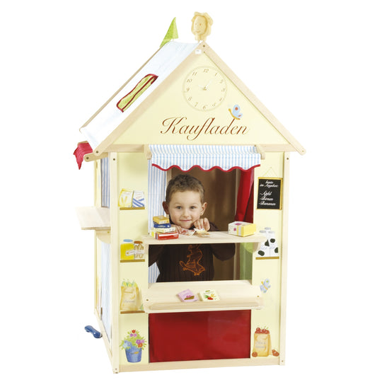 Spielhaus-Kombination, enthält Kaufladen, Kasperletheater, Tafel, Schalter für Post/Bank/Kiosk