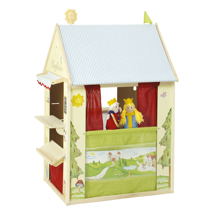 Combinación de casa de juegos, contiene una tienda, teatro de marionetas, pizarra, mostrador para oficina de correos / banco / quiosco