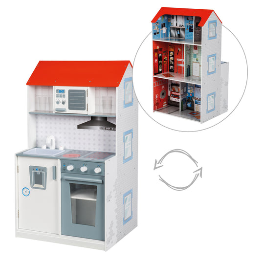 2-in-1 Dollhouse & Children's Kitchen, Large Playhouse for Boys and Kitchen in One