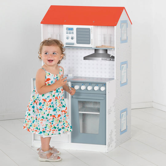 2-in-1 Dollhouse & Children's Kitchen, Large Playhouse for Boys and Kitchen in One
