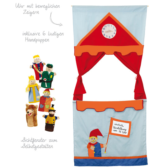 Porte théâtre de guignol, théâtre pour enfant peu encombrant, incl. 6 marionnettes à main, à suspendre