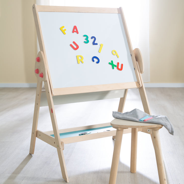 Set tableau et siège pour enfant, tableau transformable en kit table-chaise, bois naturel