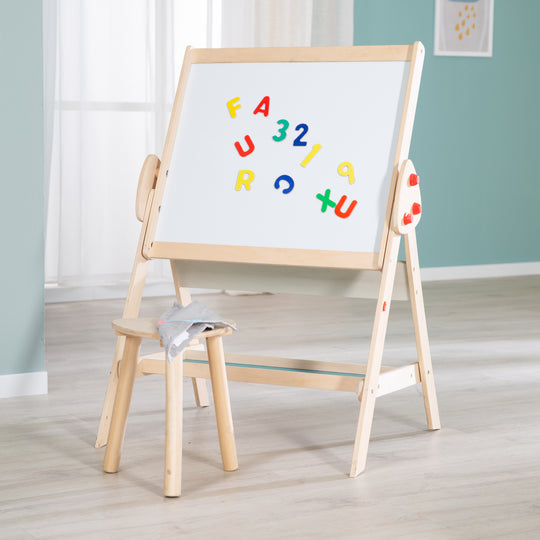 Tafel & Kinder-Sitz-Set 'Fuchs & Eule' wandelbar zu Tisch-Stuhl-Set, in Holz natur