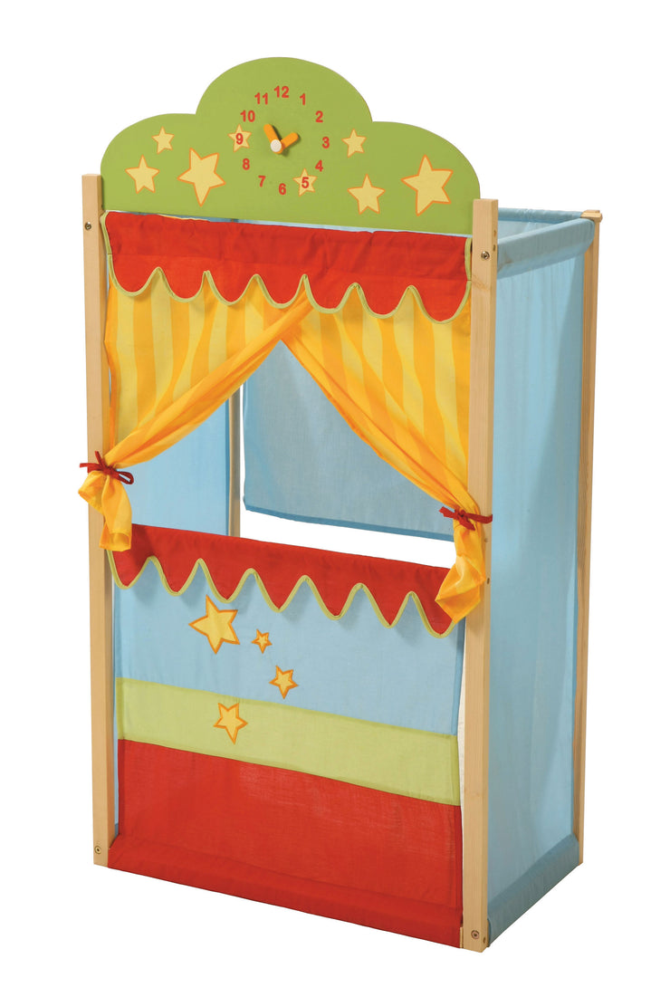 Punch & Judy theatre. puppet theatre with clock, made of solid wood with fabric covering