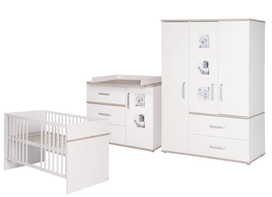 Kindermöbelset 'Moritz‘, 3-teilig, mit Kinderbett 70 x 140 cm, Wickelkommode breit & Schrank, weiß