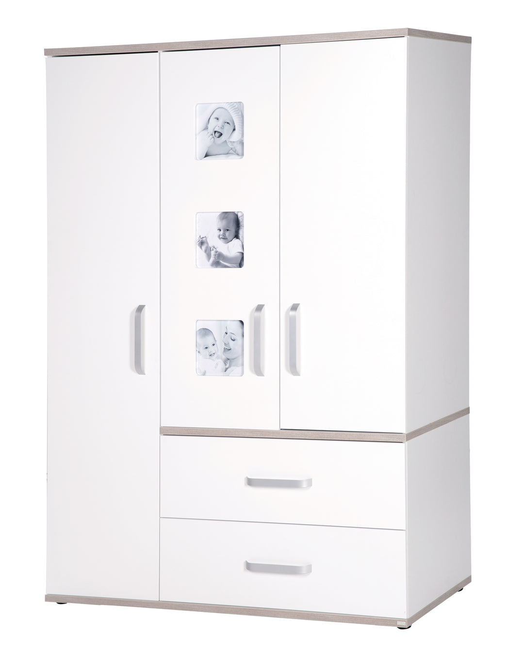 Kleiderschrank 'Moritz',  3-türig Schrank mit 3 Bilderrahmen, Weiß & 'Luna Elm'