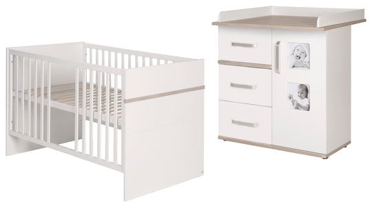 Children's Furniture Set 'Moritz', 2-Piece, Children's Bed 70 x 140 cm & Narrow Changing Table, White/Luna Elm