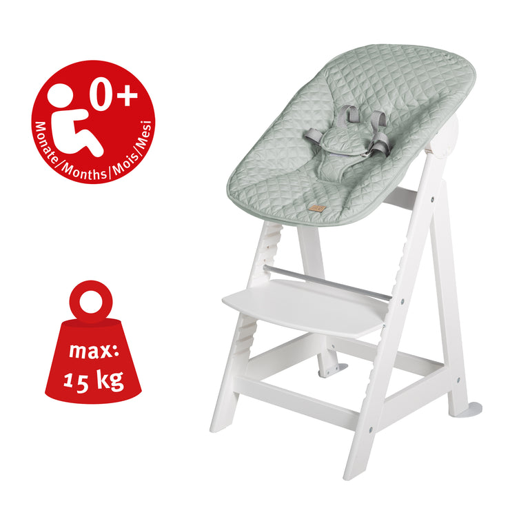 Grow-along high chair 'Born Up' Set 2in1, white, with reclining function/attachment 'roba Style' frosty green