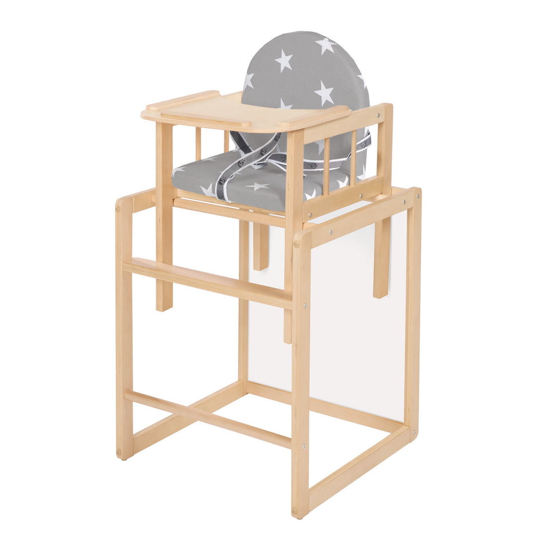 Trona combinada 'Little Stars', trona convertible en mesa y silla, madera natural, asiento acolchado