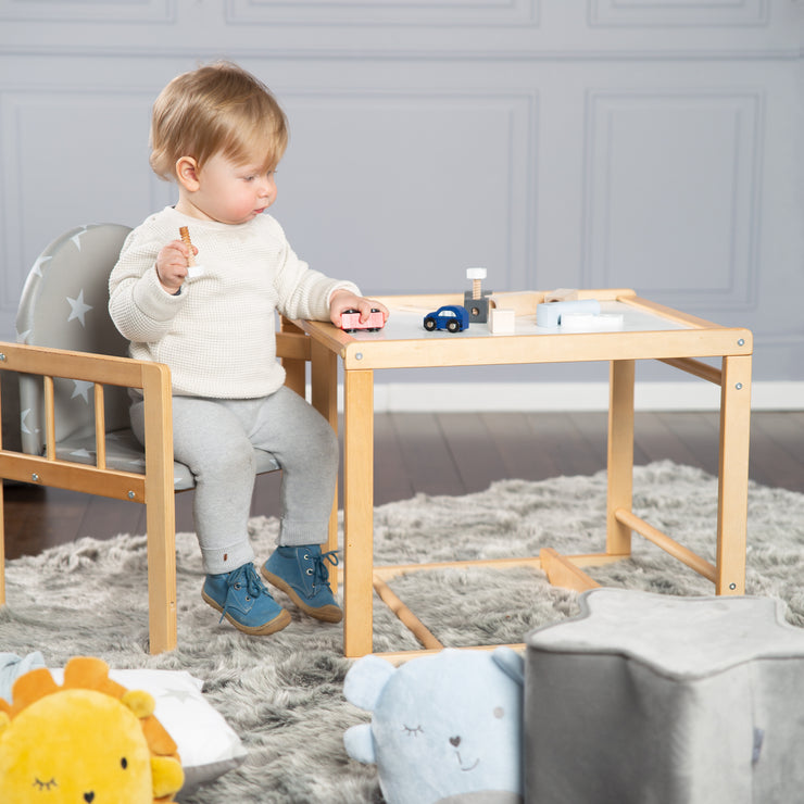 Trona combinada 'Little Stars', trona convertible en mesa y silla, madera natural, asiento tapizado