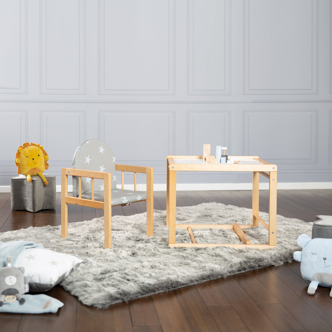 Trona combinada 'Little Stars', trona convertible en mesa y silla, madera natural, asiento acolchado