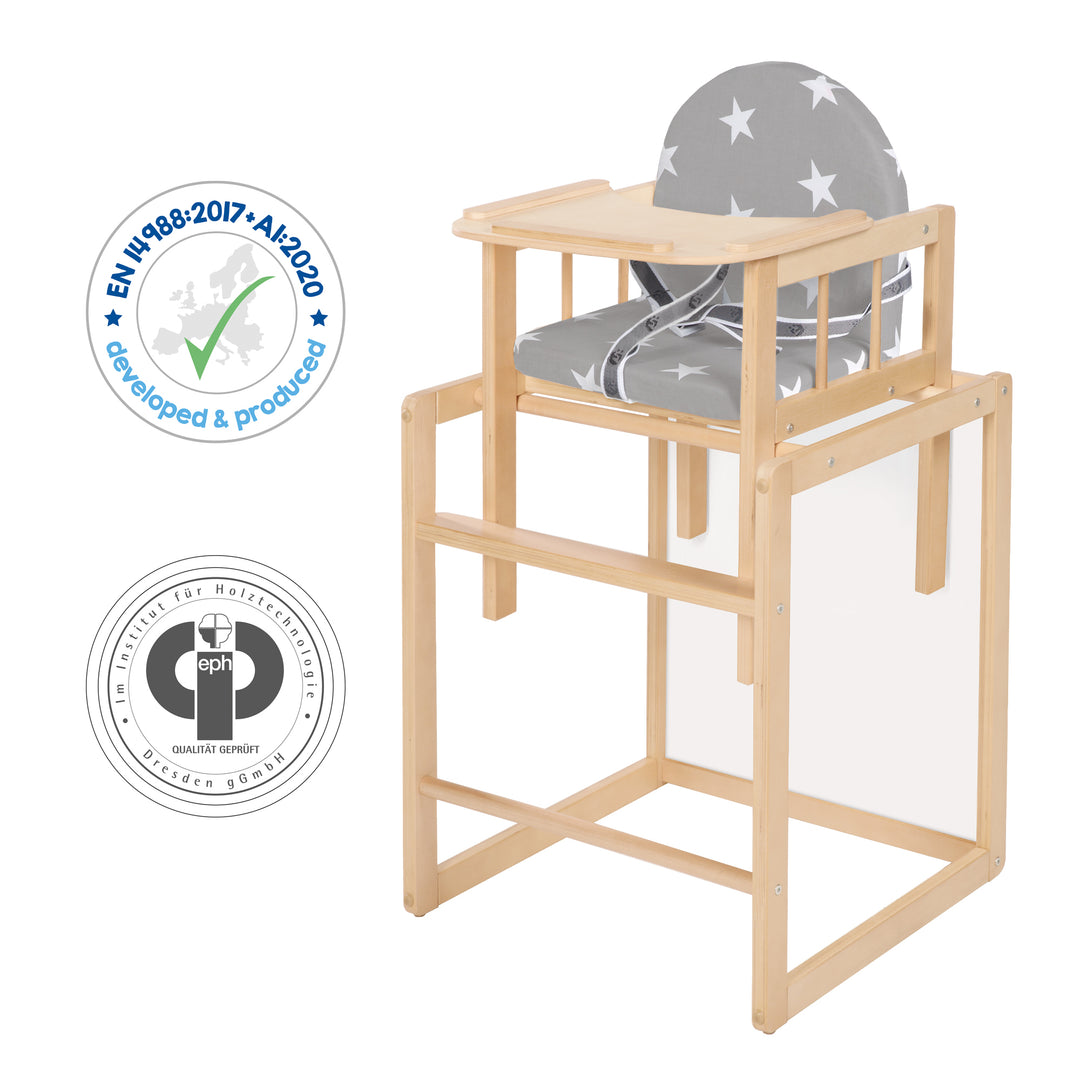 Trona combinada 'Little Stars', trona convertible en mesa y silla, madera natural, asiento acolchado
