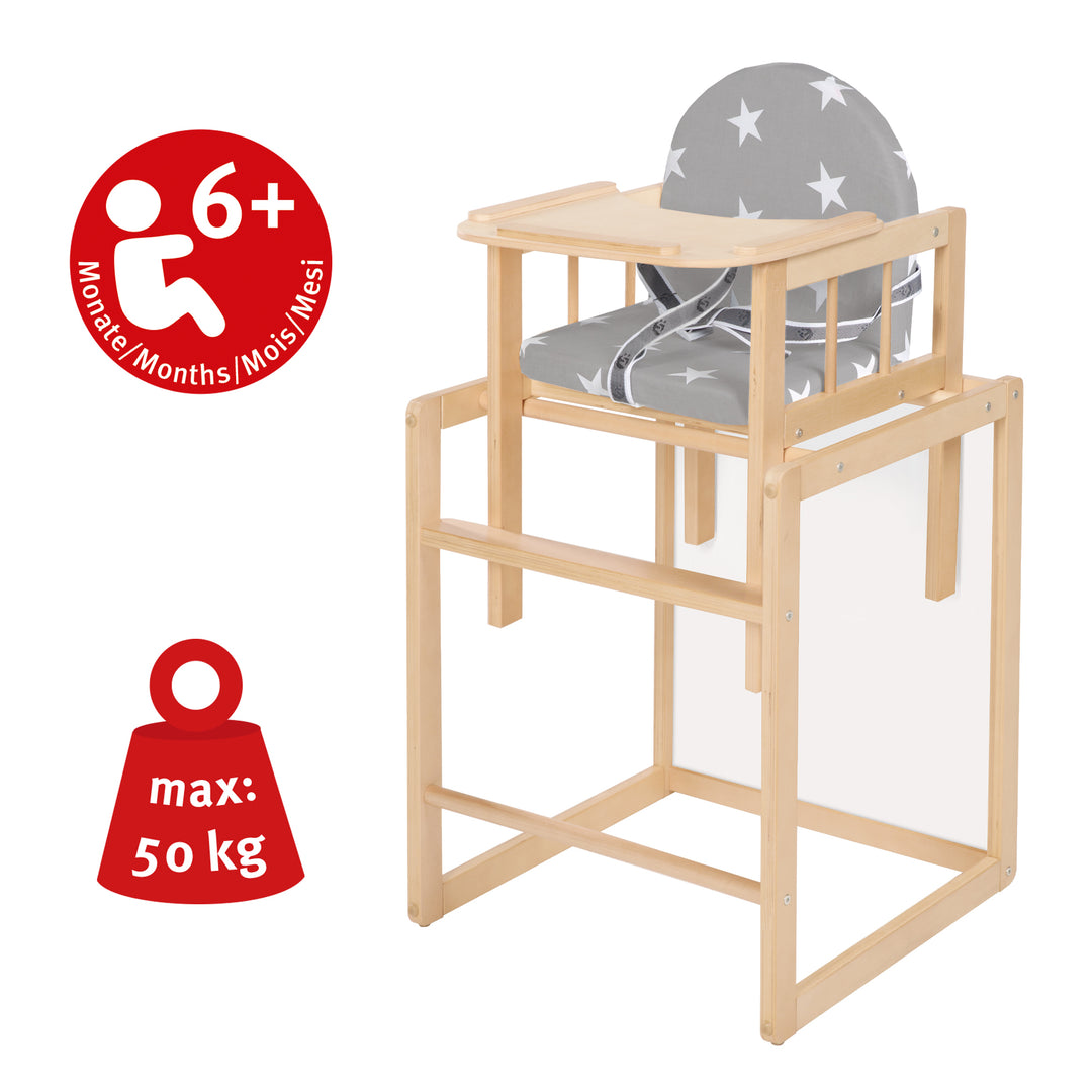 Trona combinada 'Little Stars', trona convertible en mesa y silla, madera natural, asiento acolchado