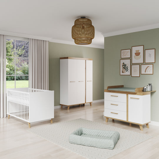 Dormitorio infantil 3 piezas 'Smile' - Cuna combinada + Cómoda para cambiar pañales + Armario - Artisan Oak / Blanco