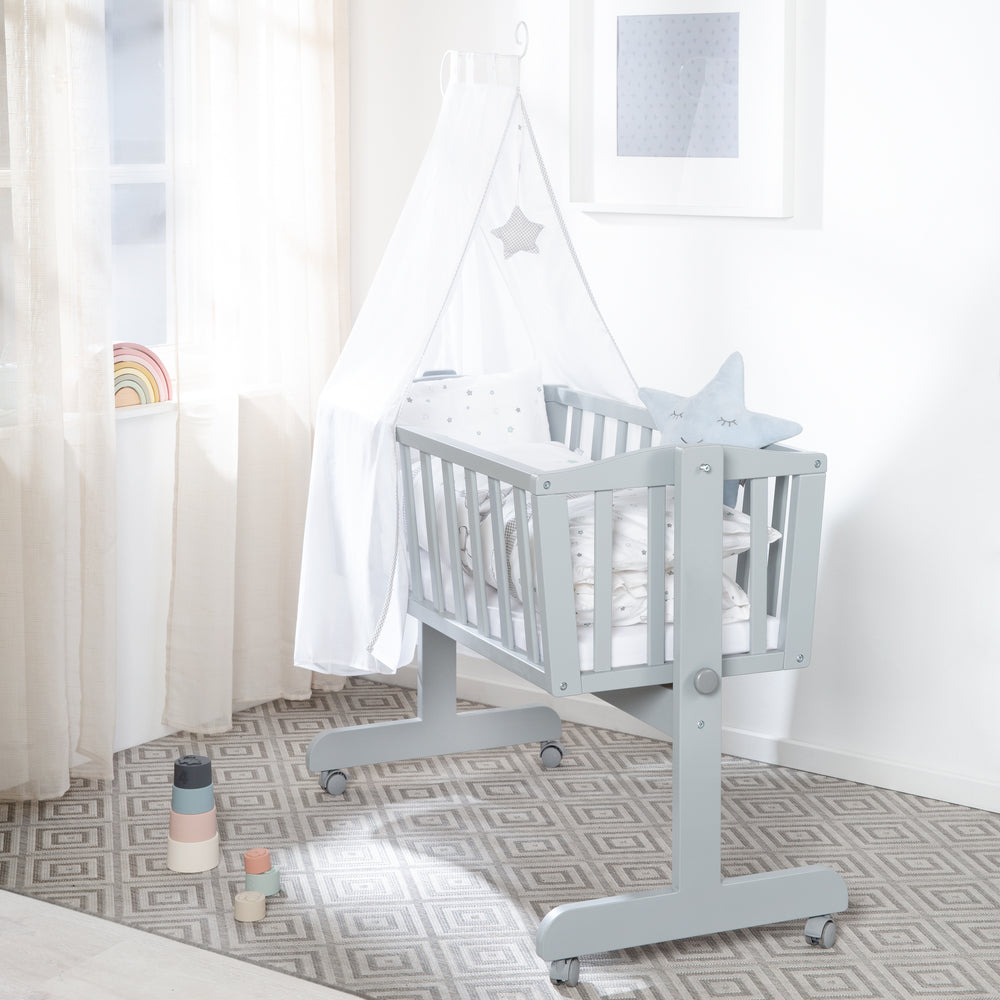 Baby Cradle Including Mattress 40 x 90 cm - Rocking Function with Locking Button - White Wood