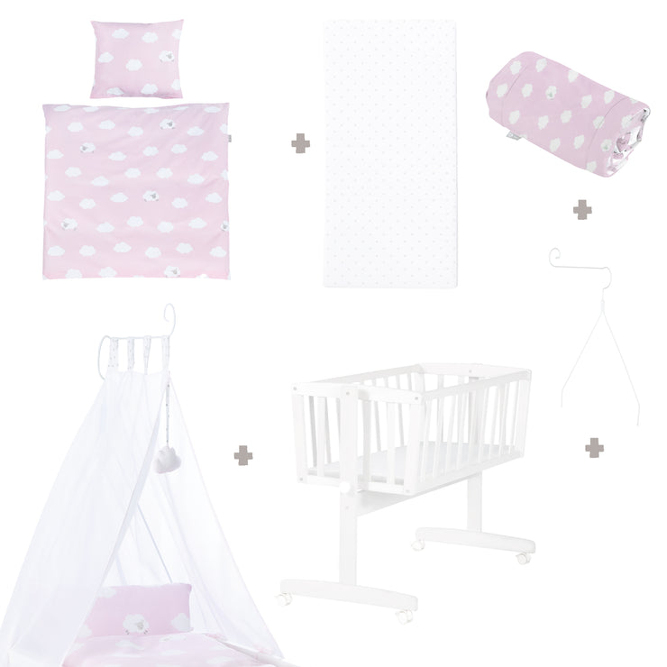 Set culla completo "Little Cloud Pink", 40 x 90 cm, bianco, con funzione di blocco, attrezzatura inclusa