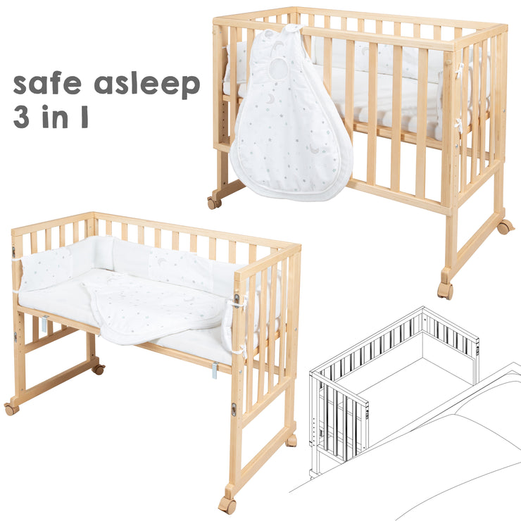 Bedside Crib 'safe asleep®' 3 in 1, 'Sternenzauber', co-sleeper, cot & bench, natural, incl. accessories