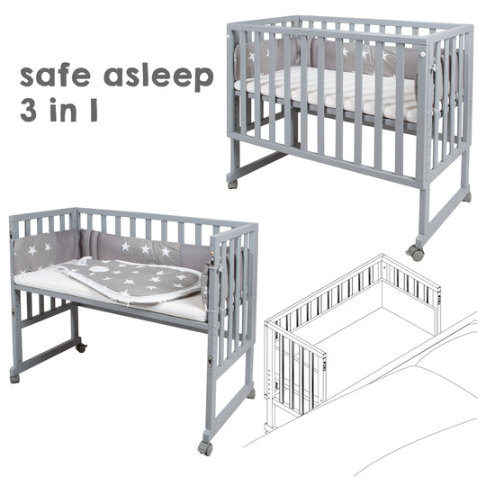 Stubenbett 'safe asleep®' 3 in 1,  'Little Stars', Beistellbett grau, Babybett & Bank, mit Zubehör