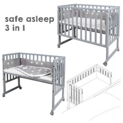 Stubenbett 'safe asleep®' 3 en 1, 'Little Stars', extra bed grey, cuna & bench, con accesorios
