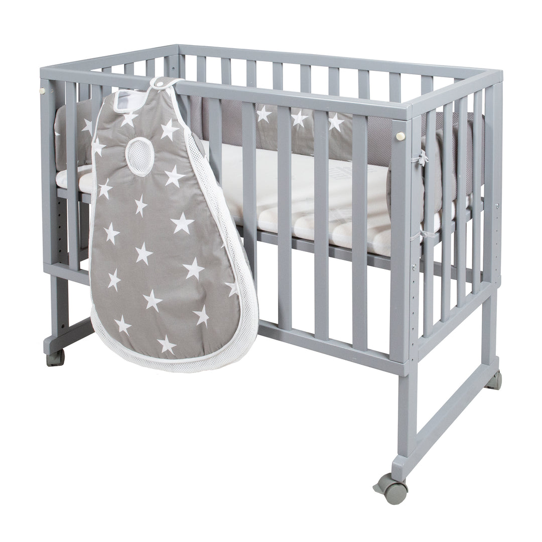 Cuna 'safe asleep®' 3 en 1, 'Little Stars', cuna de pared gris, cuna y banco, con accesorios