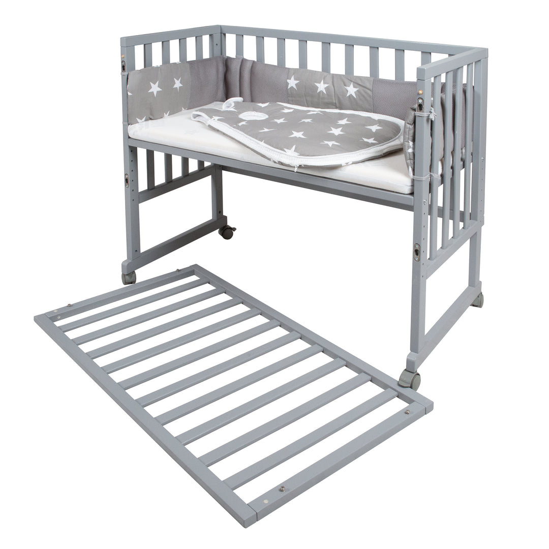 Cuna 'safe asleep®' 3 en 1, 'Little Stars', cuna de pared gris, cuna y banco, con accesorios