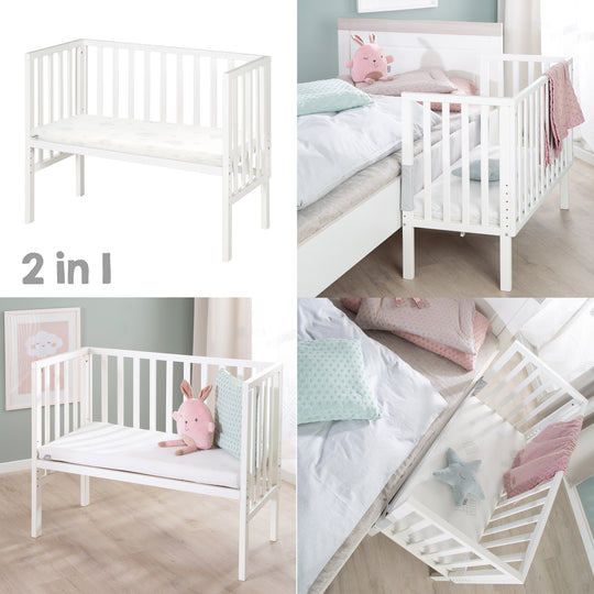 Co-Sleeping Bed 2in1 'safe asleep®' with Barrier & Mattress - For All Parent Bed Heights - White Wood
