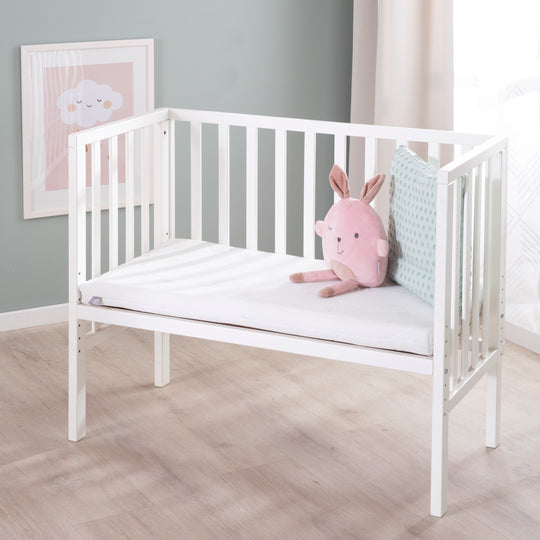 Co-Sleeping Bed 2in1 'safe asleep®' with Barrier & Mattress - For All Parent Bed Heights - White Wood