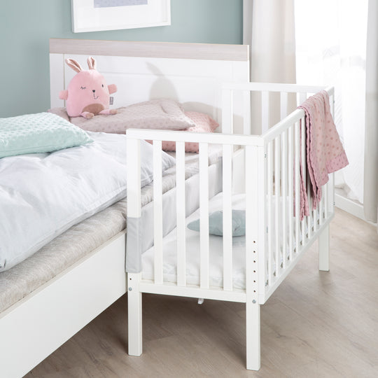 Co-Sleeping Bed 2in1 'safe asleep®' with Barrier & Mattress - For All Parent Bed Heights - White Wood