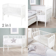 2 in 1 safe asleep® Bedside Crib 45 x 90 cm with Mattress + Canvas Barrier - White Wooden
