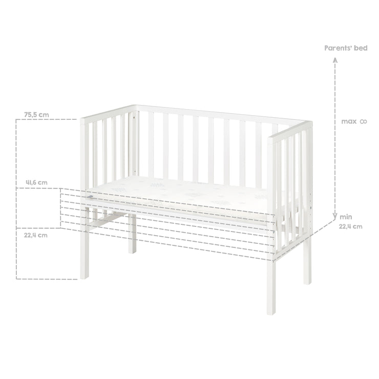 2 in 1 safe asleep® Bedside Crib 45 x 90 cm with Mattress + Canvas Barrier - White Wooden