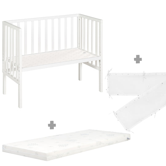 Co-Sleeping Bed 2 in 1 safe asleep® 45 x 90 cm with Mattress + Canvas Barrier - White Wood