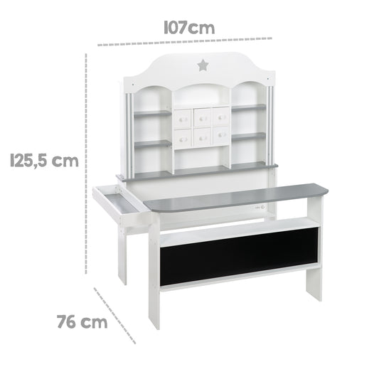 Candyshop bianco, con accenti grigi, cassetti, laterale e frontale