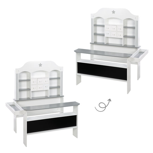 Candyshop bianco, con accenti grigi, cassetti, laterale e frontale
