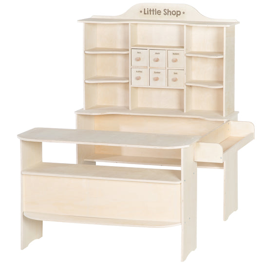 Negozio, grande negozio commerciante, legno naturale, supporto 6 cassetti, bancone, bancone laterale