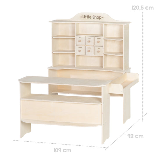 Negozio, grande negozio commerciante, legno naturale, supporto 6 cassetti, bancone, bancone laterale