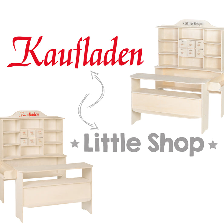 Shop, large merchant shop, natural wood, stand 6 drawers, counter, side counter
