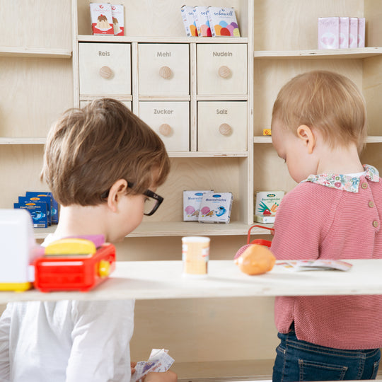 Negozio, grande negozio commerciante, legno naturale, supporto 6 cassetti, bancone, bancone laterale