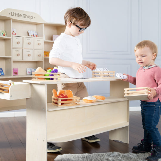 Negozio, grande negozio commerciante, legno naturale, supporto 6 cassetti, bancone, bancone laterale