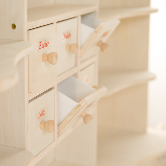 Negozio, grande negozio commerciante, legno naturale, supporto 6 cassetti, bancone, bancone laterale