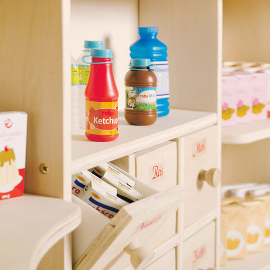 Negozio, grande negozio commerciante, legno naturale, supporto 6 cassetti, bancone, bancone laterale