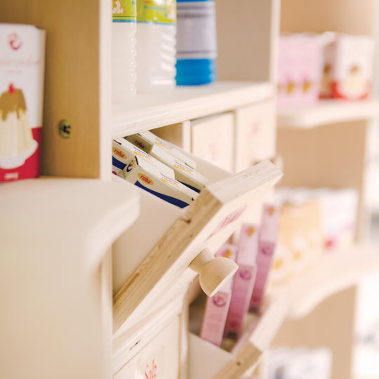 Negozio, grande negozio commerciante, legno naturale, supporto 6 cassetti, bancone, bancone laterale