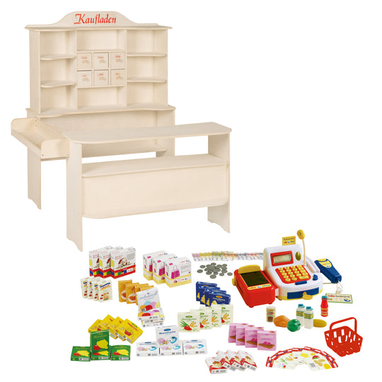 Negozio, grande negozio commerciante, legno naturale, supporto 6 cassetti, bancone, bancone laterale