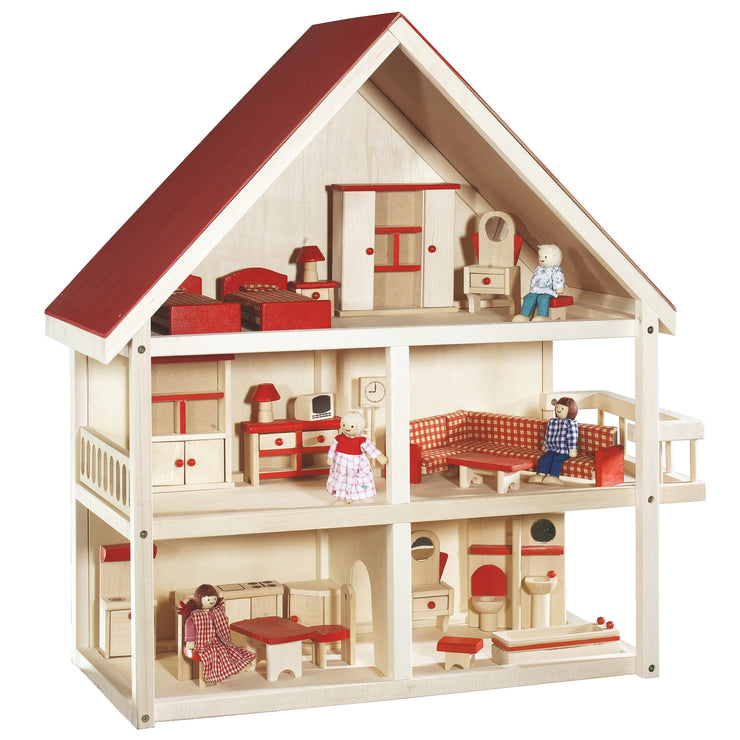 Casa de muñecas, dollvilla incl. muebles y muñecas, juguetes para niñas, madera natural