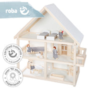 Doll house, doll villa incl. Furniture and dolls, girls toys, natural wood