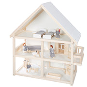 Doll house, doll villa incl. Furniture and dolls, girls toys, natural wood