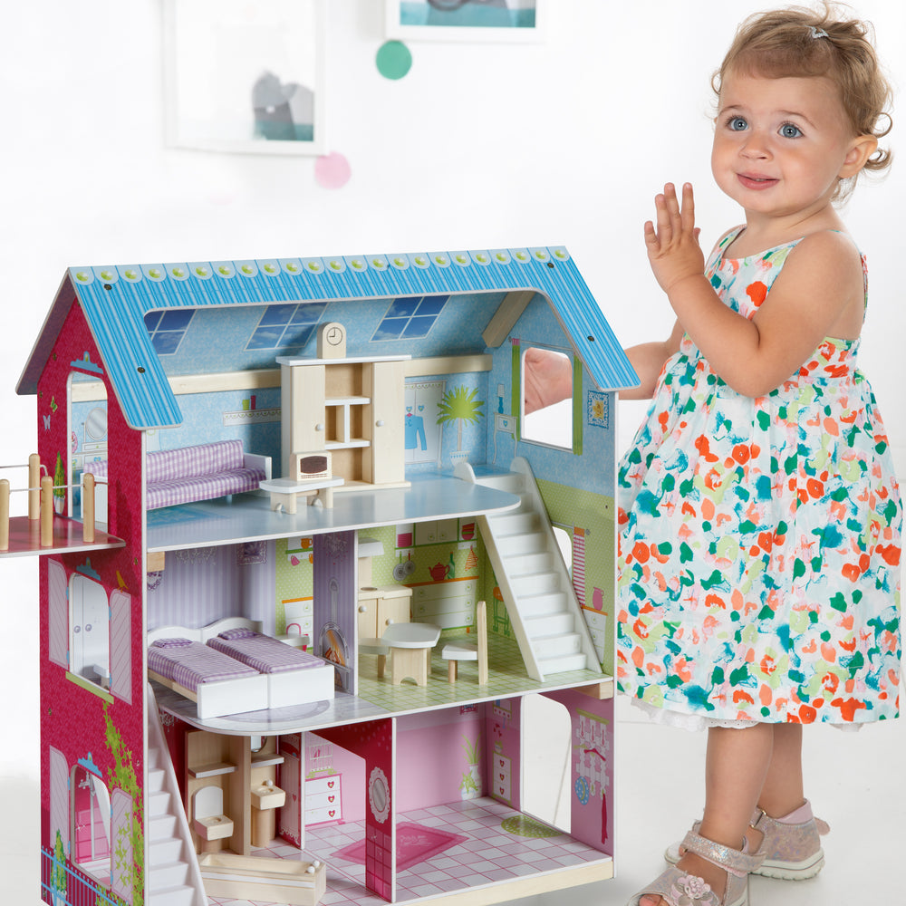 Maison de poupées rose/bleue incl. 16 meubles de poupées, jouets imprimés avec amour