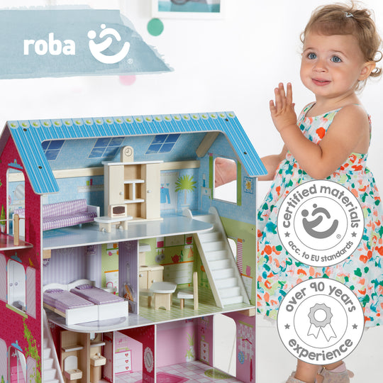 Dollhouse Pink/Blue Including 16 Doll Furniture, Lovingly Printed Toy