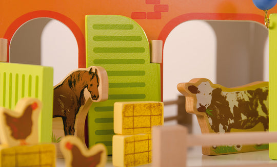 Farm 'Farm', Printed Wooden Toy, Set with Barn, Stable, Hayloft, Fence & 6 Farm Animals, Stackable