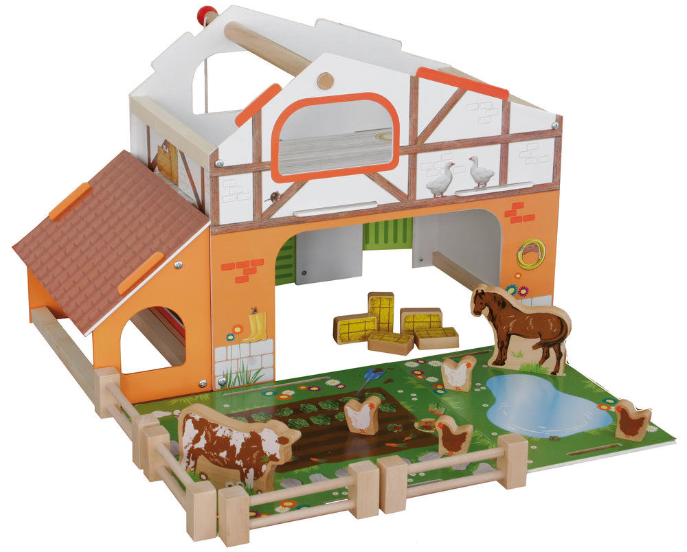 Farm 'Farm', Printed Wooden Toy, Set with Barn, Stable, Hayloft, Fence & 6 Farm Animals, Stackable
